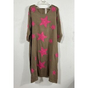 Magnolia Pearl European Linen Cassiel Star Applique Dress Raw Edges One Size